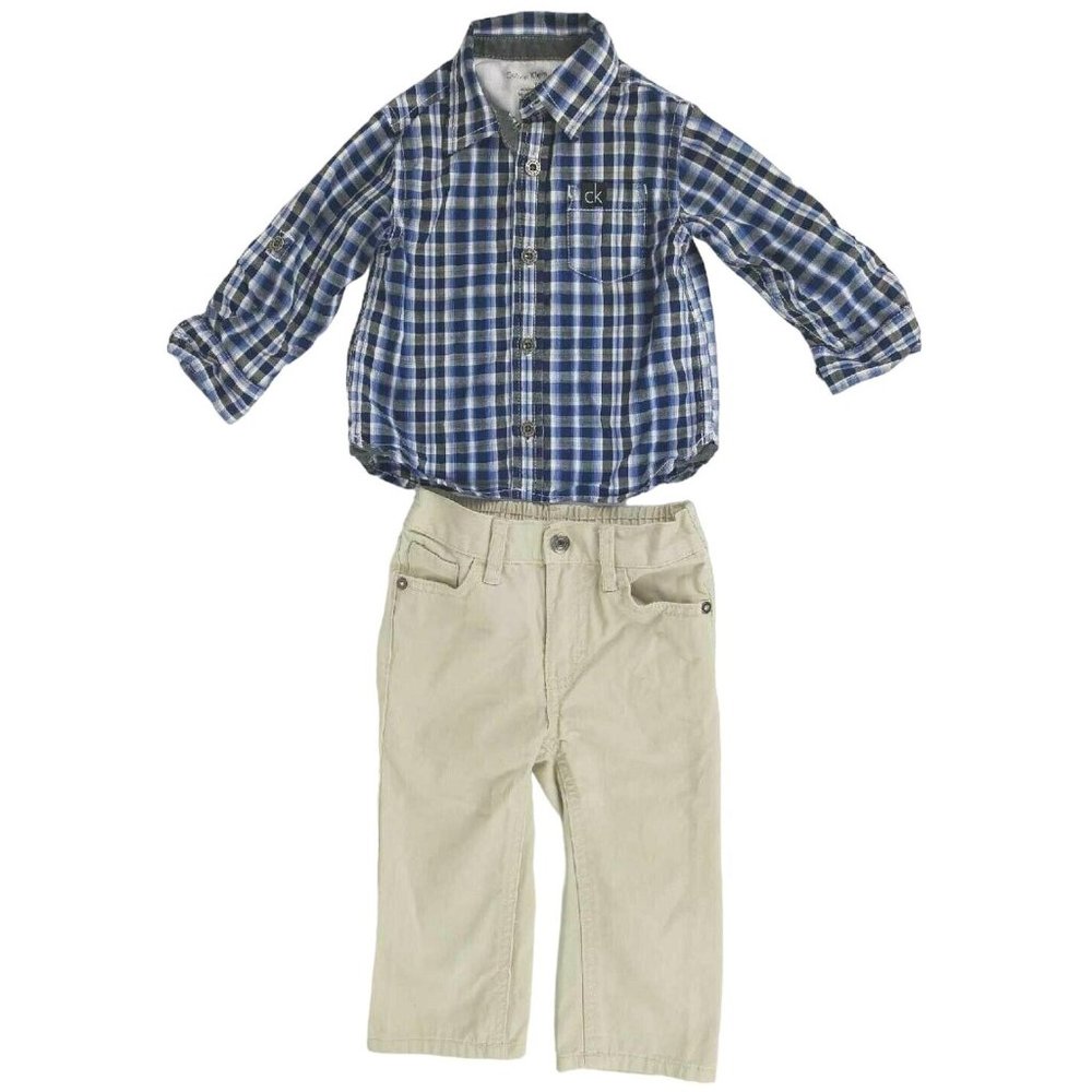 Calvin Klein Shirt Pants Set Button Front Blue Plaid Khaki 12M Infant Outfit